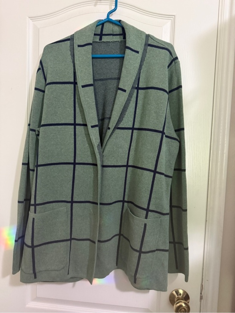 Windowpane Open-Front Cardigan Sweater - Sage Green